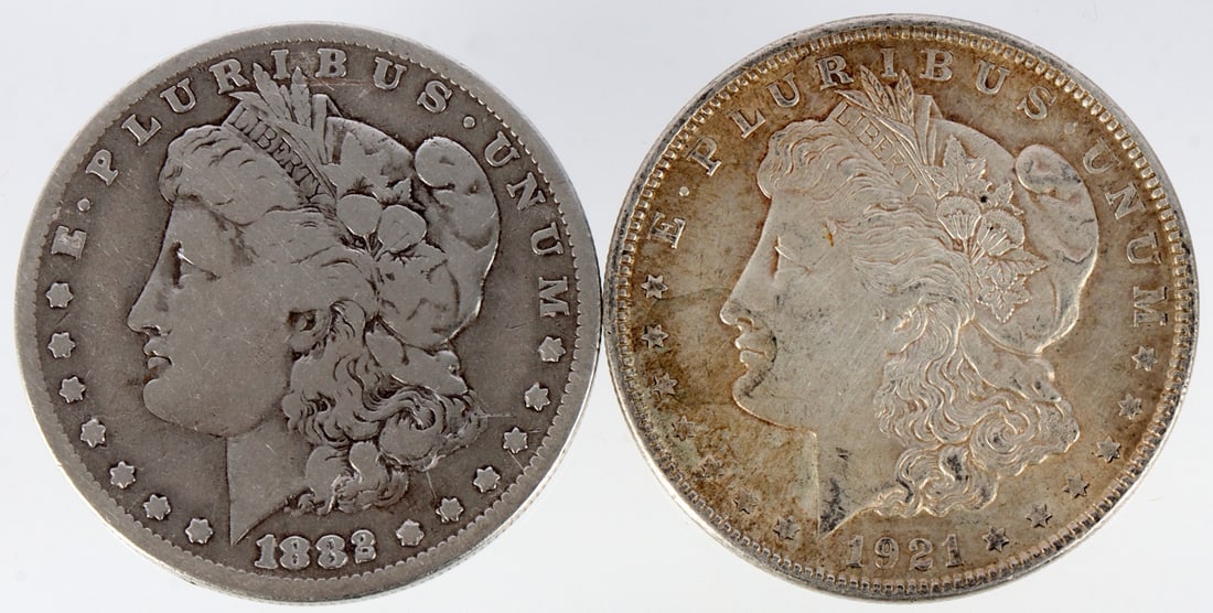 1882 O & 1921 MORGAN SILVER DOLLAR COIN: 90% purity. This lot reserved at melt. || Payment & Shipping: Accounts without purchase history must pay via Zelle, money order, cashier's check or wire transfer. Items will ship within 10 business da