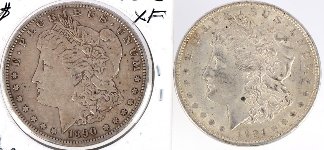 1890 S & 1921 D MORGAN SILVER DOLLAR COINS: 90% purity. This lot reserved at melt. || Payment & Shipping: Accounts without purchase history must pay via Zelle, money order, cashier's check or wire transfer. Items will ship within 10 business da