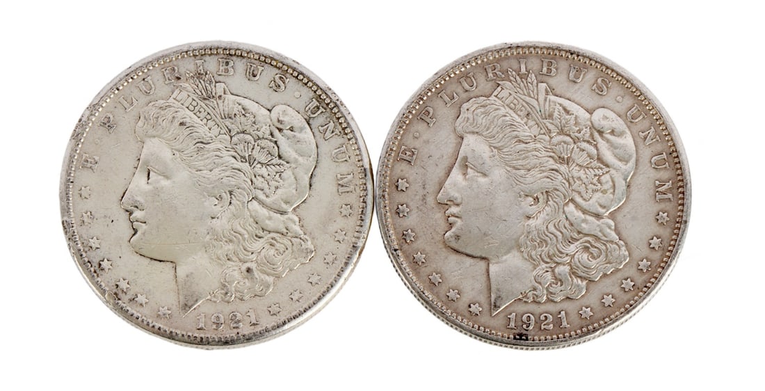 TWO 1921 US MORGAN SILVER DOLLAR COIN: 90% purity. This lot reserved at melt. || Payment & Shipping: Accounts without purchase history must pay via Zelle, money order, cashier's check or wire transfer. Items will ship within 10 business da