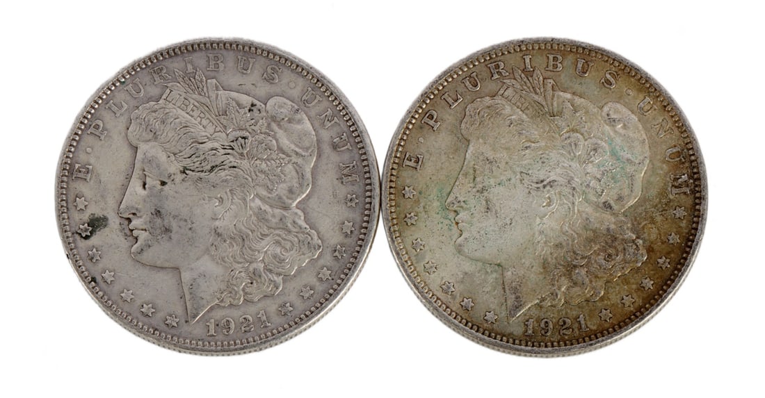TWO 1921 US MORGAN SILVER DOLLAR COIN (1 of 3)