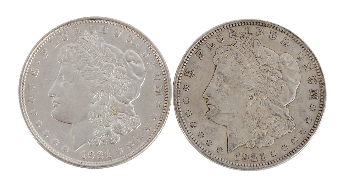 TWO 1921 US MORGAN SILVER DOLLAR COIN (1 of 3)