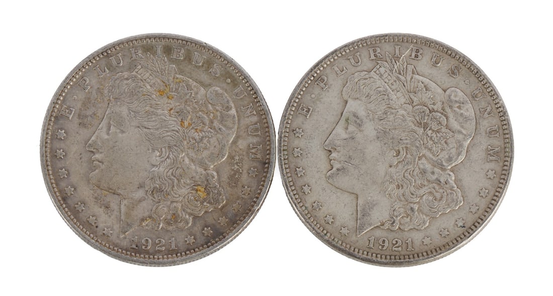 TWO 1921 US MORGAN SILVER DOLLAR COIN: 90% purity. This lot reserved at melt. || Payment & Shipping: Accounts without purchase history must pay via Zelle, money order, cashier's check or wire transfer. Items will ship within 10 business da