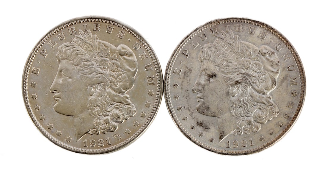 TWO 1921 US MORGAN SILVER DOLLAR COIN (1 of 3)