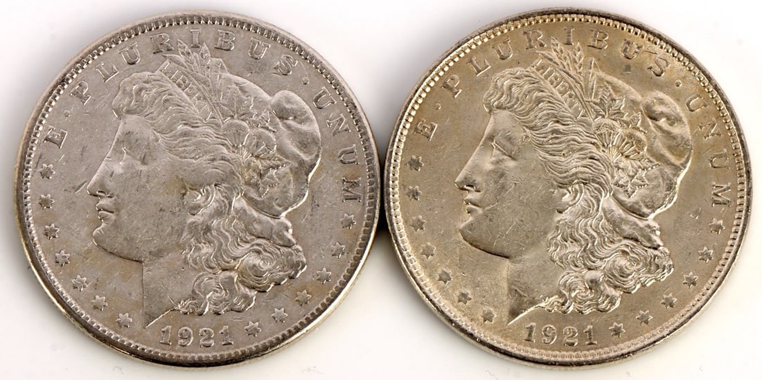 TWO 1921 US MORGAN SILVER DOLLAR COIN (1 of 3)
