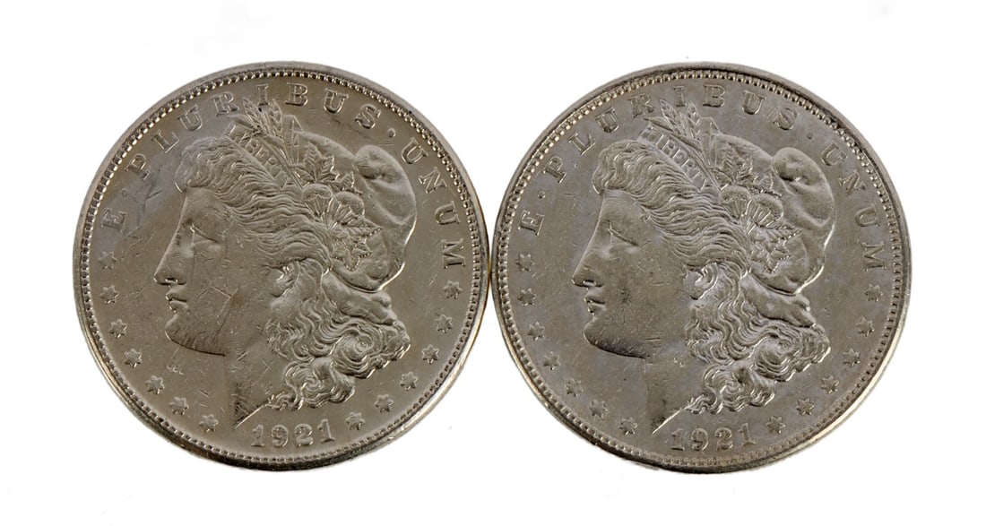 TWO 1921 US MORGAN SILVER DOLLAR COIN (1 of 3)
