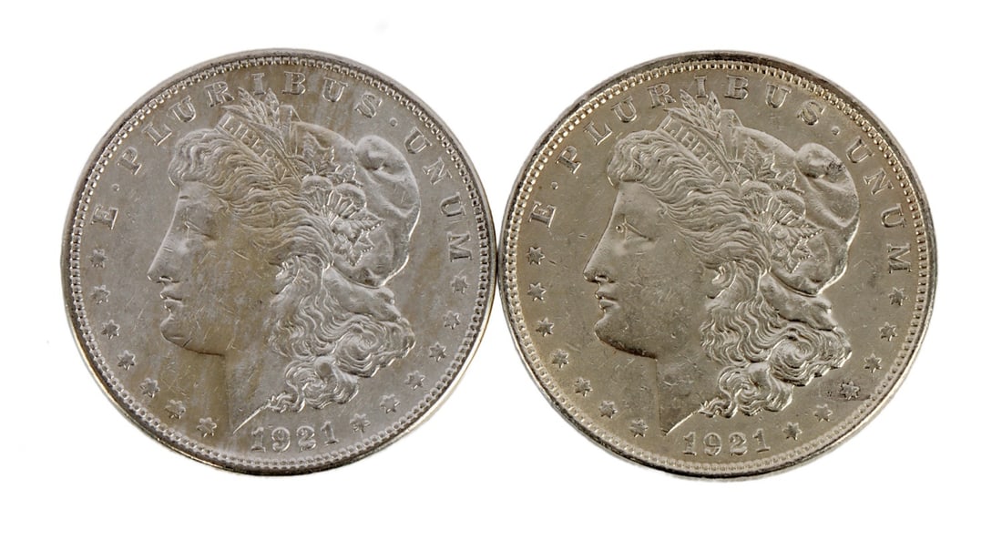 TWO 1921 US MORGAN SILVER DOLLAR COIN (1 of 3)