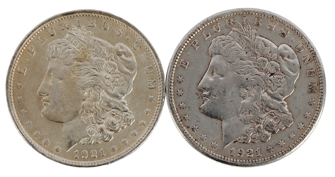 TWO 1921 US MORGAN SILVER DOLLAR COIN (1 of 3)