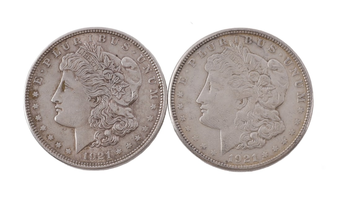 TWO 1921 US MORGAN SILVER DOLLAR COIN: 90% purity. This lot reserved at melt. || Payment & Shipping: Accounts without purchase history must pay via Zelle, money order, cashier's check or wire transfer. Items will ship within 10 business da
