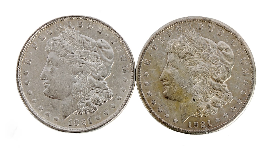 TWO 1921 US MORGAN SILVER DOLLAR COIN (1 of 3)