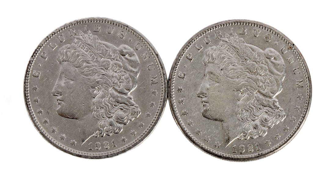TWO 1921 US MORGAN SILVER DOLLAR COIN (1 of 3)