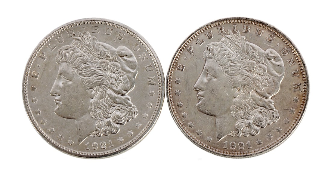 TWO 1921 US MORGAN SILVER DOLLAR COIN: 90% purity. This lot reserved at melt. || Payment & Shipping: Accounts without purchase history must pay via Zelle, money order, cashier's check or wire transfer. Items will ship within 10 business da