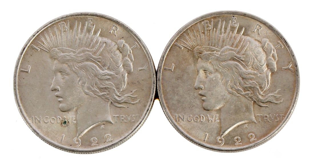 TWO 1922 US PEACE SILVER DOLLAR COIN (1 of 3)
