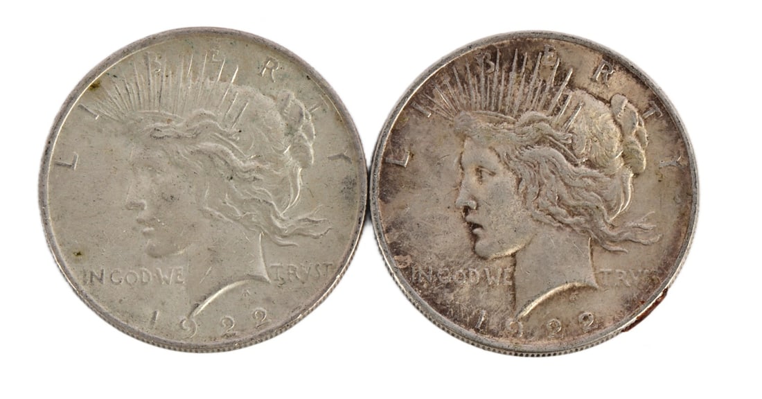 TWO 1922 US SILVER PEACE DOLLAR COINS (1 of 3)