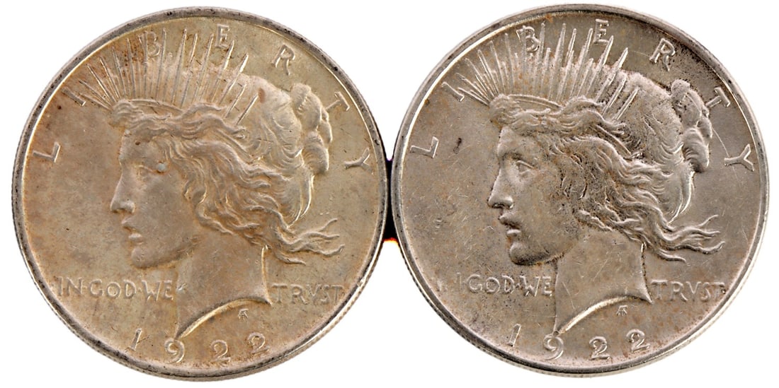 TWO 1922 US SILVER PEACE DOLLAR COINS (1 of 3)