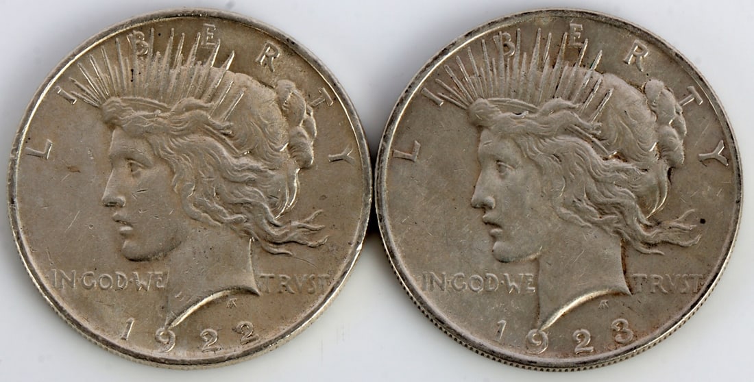 TWO 1922 US SILVER PEACE DOLLAR COINS (1 of 3)