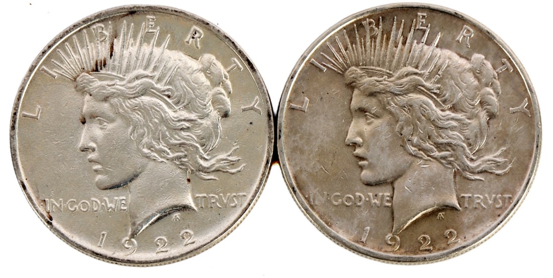 TWO 1922 US SILVER PEACE DOLLAR COINS (1 of 3)