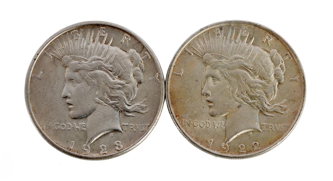 TWO 1922 US SILVER PEACE DOLLAR COINS (1 of 3)