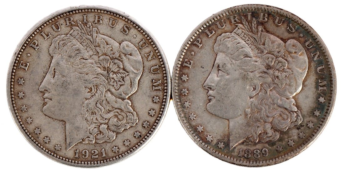 TWO MORGAN DOLLARS .900 SILVER: 1921 D and 1889. This lot reserved at melt. || Payment & Shipping: Accounts without purchase history must pay via Zelle, money order, cashier's check or wire transfer. Items will ship within 10 busine