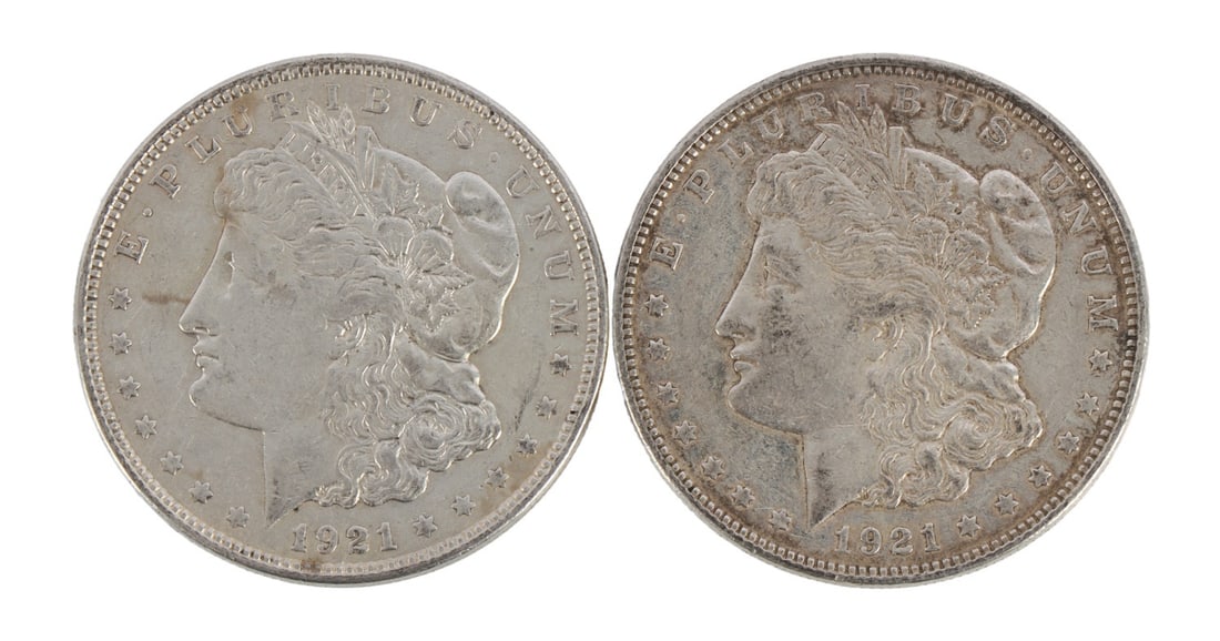TWO US MORGAN DOLLARS 90% SILVER 1921 (1 of 3)