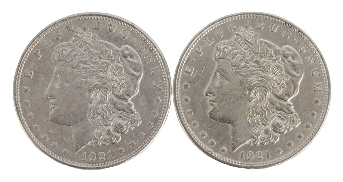 TWO US MORGAN DOLLARS 90% SILVER 1921 (1 of 3)