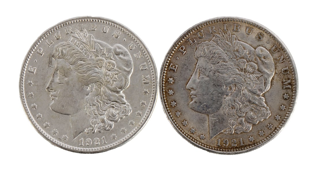 TWO US MORGAN DOLLARS 90% SILVER 1921 (1 of 3)
