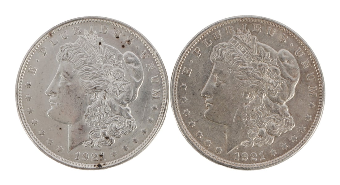 TWO US MORGAN DOLLARS 90% SILVER 1921 (1 of 3)
