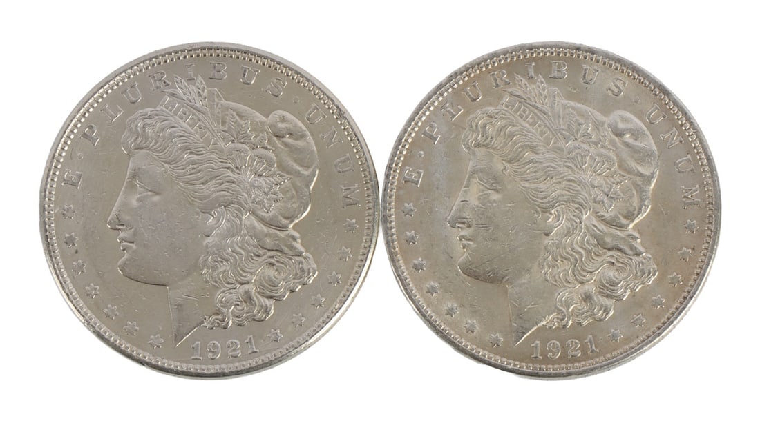 TWO US MORGAN DOLLARS 90% SILVER 1921 (1 of 3)