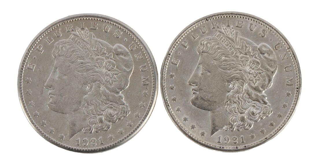TWO US MORGAN DOLLARS 90% SILVER 1921 (1 of 3)