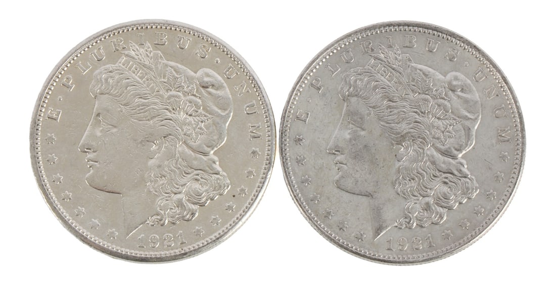 TWO US MORGAN DOLLARS 90% SILVER 1921 (1 of 3)