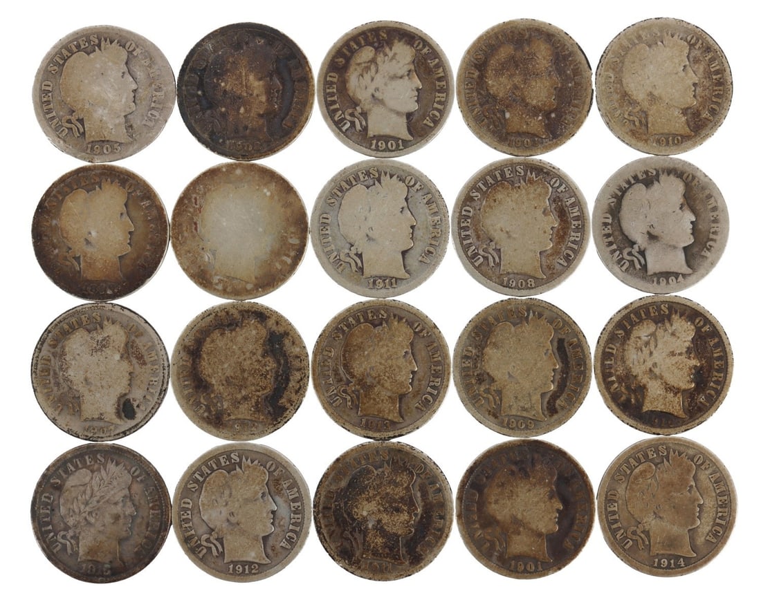 $2 FACE VALUE OF PRE-1964 BARBER DIMES SILVER: Twenty dimes. 90% silver. This lot has a reserve.