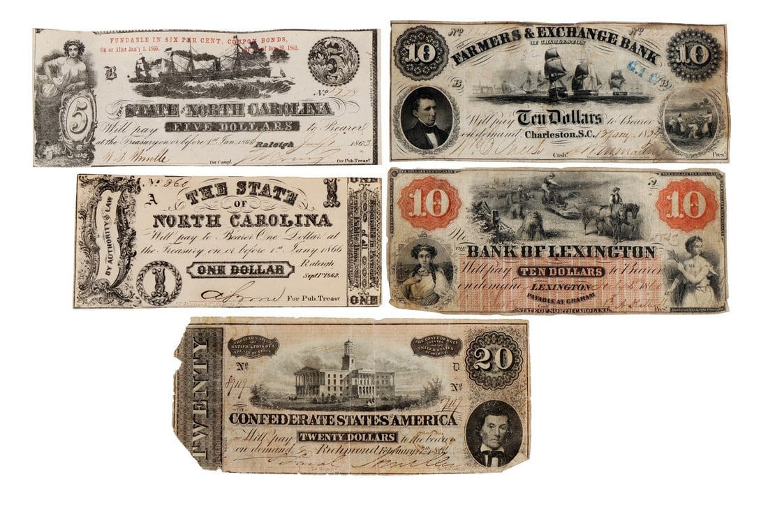 CIVIL WAR ERA CONFEDERATE BILL & NOTE LOT OF 5 (1 of 7)