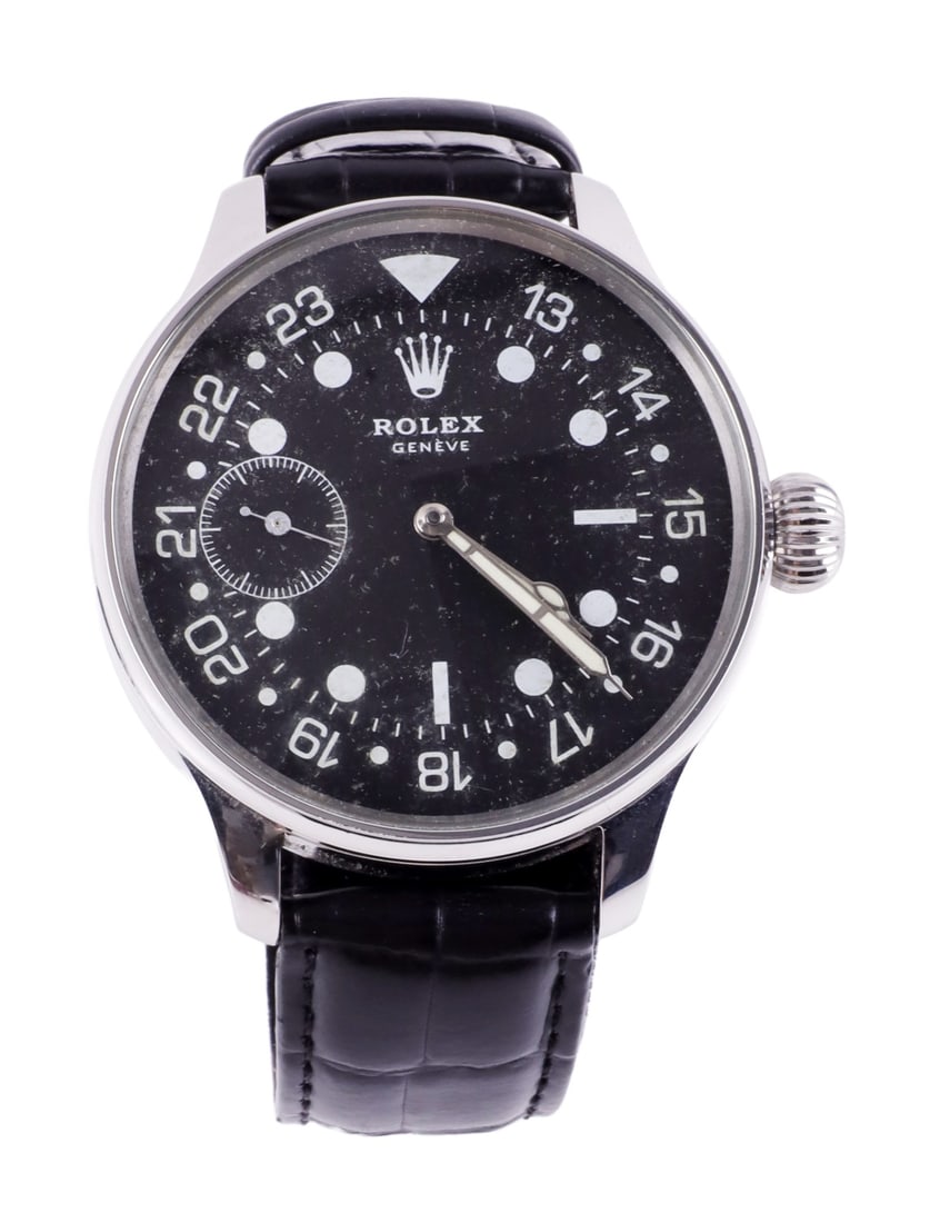 ROLEX 'MARRIAGE' WATCH CONVERTED POCKET WATCH: Rolex 'marriage' watch, a pocket watch that has been converted to be placed inside a Rolex case. Likely early 20th century, with alligator leather straps and scratch resistant sapphire crystal.