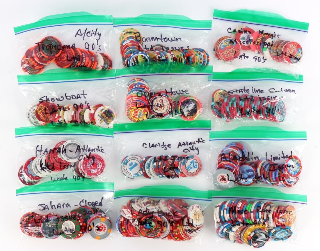 CASINO CHIP TOKEN 1990S LIMITED EDITION 6+ LBS: Lot of approx. 200 vintage 1990s limited edition casino chips. Gross weight 6 pounds 5 ounces. Binion's Horseshoe, Opera House, Claridge Atlantic City, Casino Magic Mississippi, Tropicana Atlantic