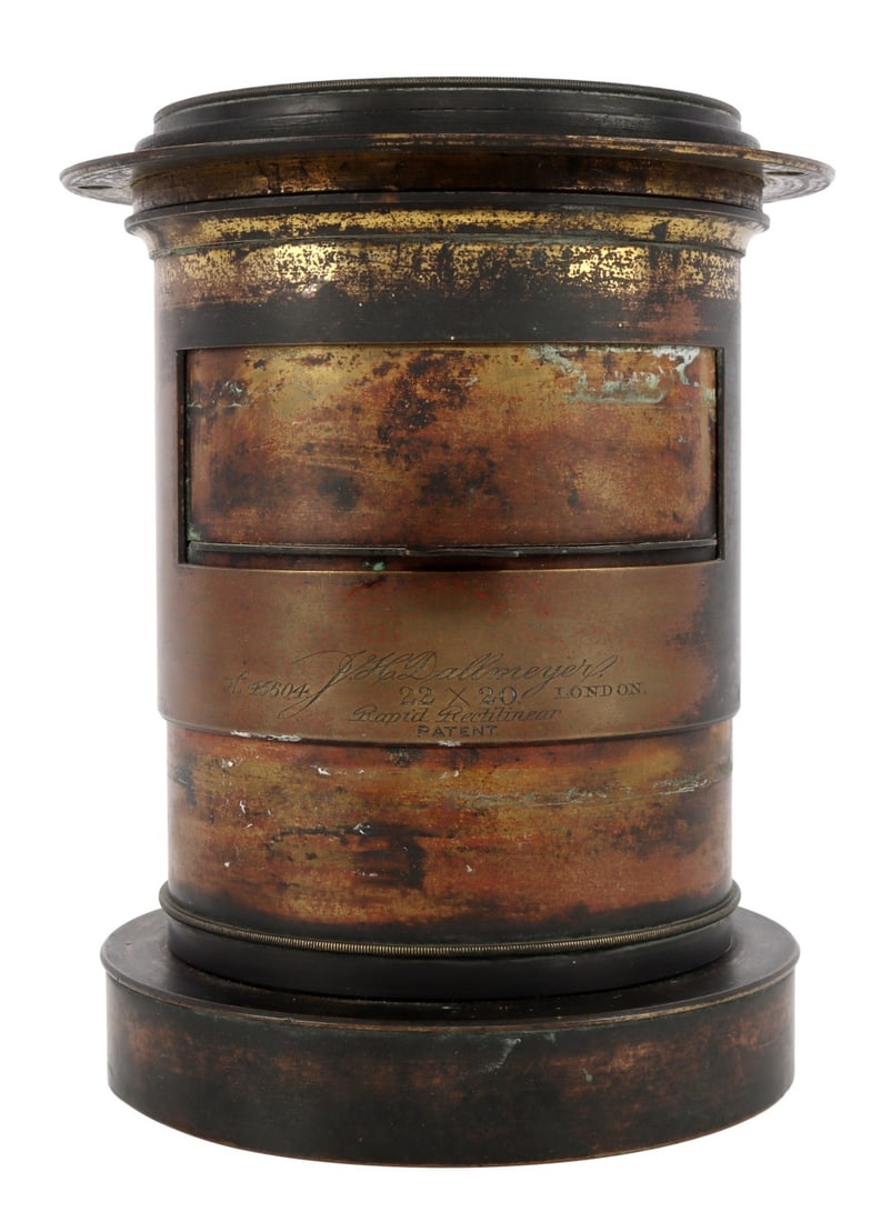 J.H. DALLMEYER LONDON 22X20 RAPID RECTILINEAR LENS: J.H. Dallmeyer 22x20 Rapid Rectilinear antique brass camera lens. No. 45604. Mounting ring with five holes drilled, approx. 3.25-inch spacing.