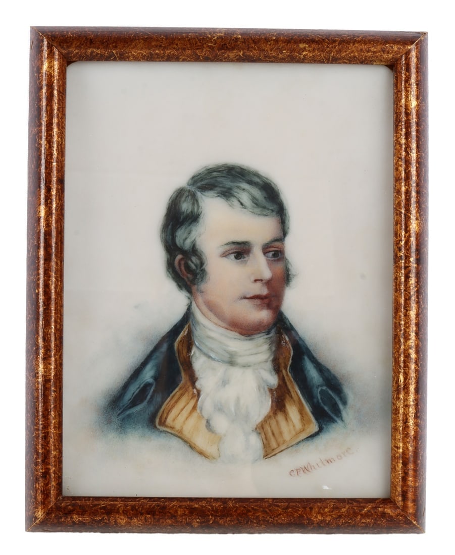 AN ENAMEL PORTRAIT OF SCOTTISH POET ROBERT BURNS: A painted enamel portrait of the Scots-language poet Robert 'Rabbie' Burns, widely considered the poet laureate of Scotland. Produced by C. P. Whitmore. 8 X 10 inches. Very good, original condition.