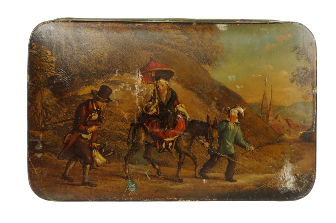 ANTIQUE SNUFF BOX WITH LITHO PAINTING: An antique, late nineteenth or early twentieth century, snuff box with a lithographic painting on cover. 4.5 X .8 X 5.6 inches.