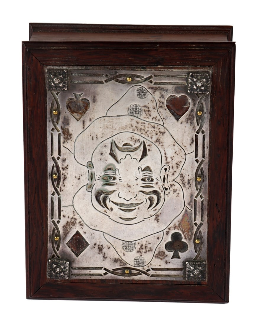 ANTIQUE WOODEN BOX WITH CLOWN FIGURE: An antique, likely early twentieth, century box, with a clown figure on it. 4.75 X 2 X 3.6.