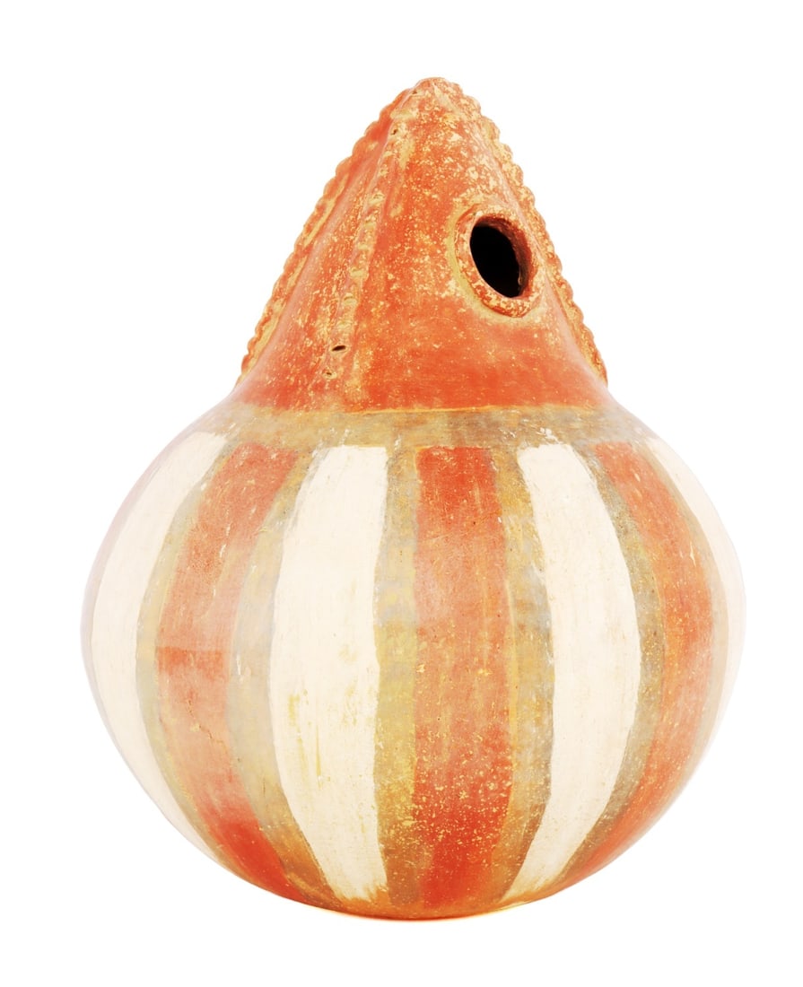 NATIVE AMERICAN QUAPAW WATER VESSEL: A water vessel for the Quapaw, a Native American group originally from Arkansas. Possibly sixteenth century, possibly a reproduction. Pottery vessel appears to be hand formed and hand painted, with an