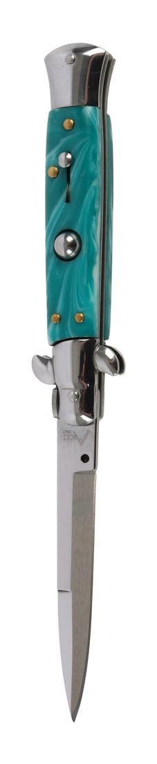 AKC ITALIAN MADE SWITCHBLADE KNIFE 8 3/4 INCHES: Steel blade with green pearl simulated grips. It measures 8 3/4 inches overall.