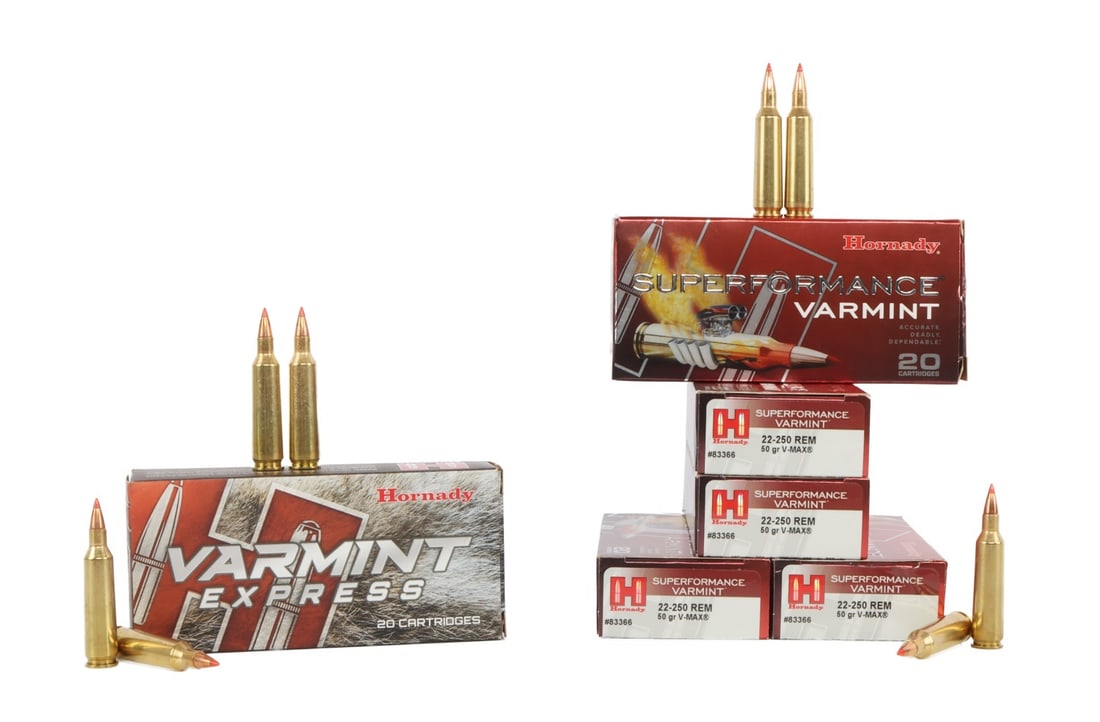 120 RDS .22-250 REM 50GR V-MAX HORNADY AMMO: Lot of 120 rounds factory new .22-250 Rem 50gr V-MAX. Hornady Superformance Varmint & Varmint Express.