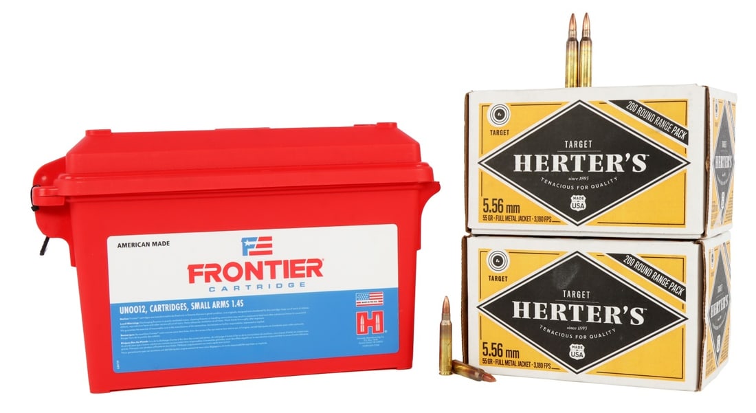 700 RDS 5.56X45 55GR FMJ FRONTIER & HERTER'S AMMO: Lot of 700 rounds factory new 5.56 NATO 55gr FMJ rifle ammunition.