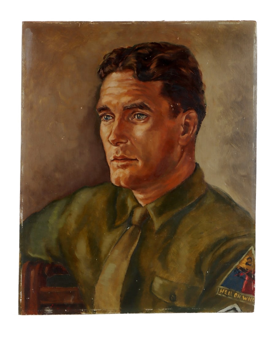 WWII 2ND ARMORED DIV. PORTRAIT OCCUPIED GERMANY: Oil on board. Portrait of a US Army 2nd Armored Division Cpl. William Joseph "Joe" Murphy, Sr. in uniform with "Hell on Wheels" insignia patch. Signed lower left "G Wagner 1945." Painted in occupied G