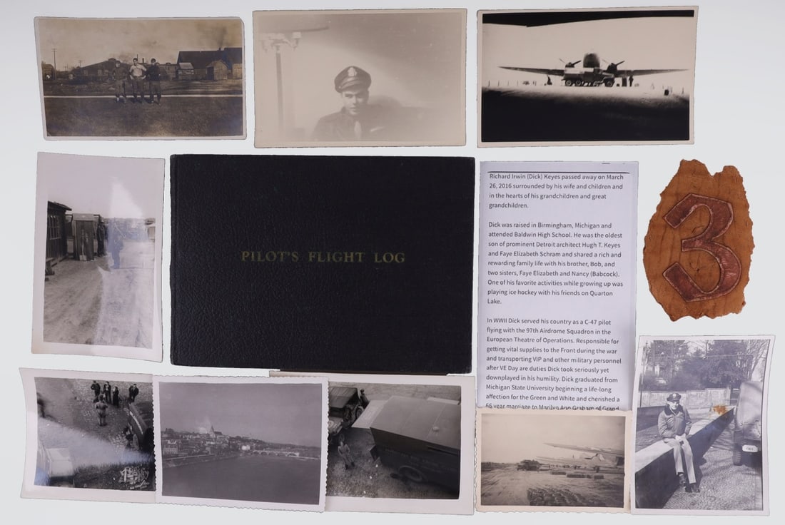 WWII US NAMED C-47 PILOT FLIGHT LOG PATCH & PHOTOS: Lot of eleven (11) pieces. Includes pilot's flight log, leather patch and group of photo prints.