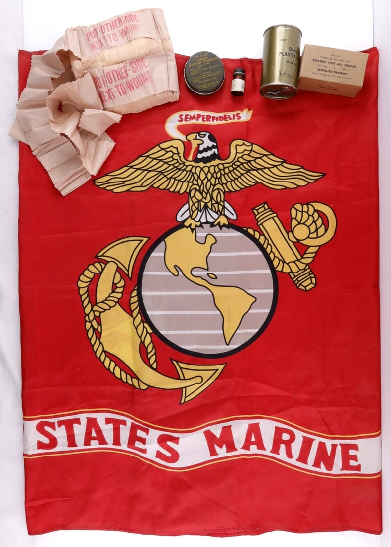 WWII AND COLD WAR ARMY FIRST AID GEAR & NEW FLAG: Includes a WWII era medium first aid field dressing in box, an unboxed larger sized field dressing, Vietnam era sunburn preventative preparation cream paste in tin, a WWII era bottle of 50 water purif