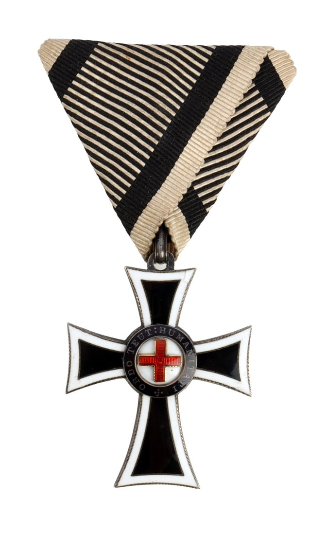 AUSTRO-HUNGARIAN TEUTONIC MARIAN CROSS: A Marian Cross of the Teutonic Order, as maintained within the Austro-Habsburg Empire. Shows a black and white cross with a red cross surrounded by the words "Ordo Teut Humanitati," while the reverse