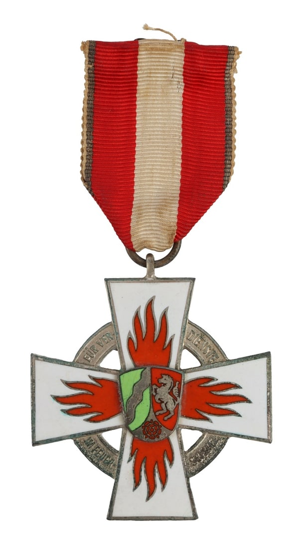 COLD WAR WEST GERMAN NORTH-RHINE WESTPHALIA FIRE: A merit badge for the North Rhine-Westphalia fire service, likely early into the existence of the Federal Republic of Germany. No maker.