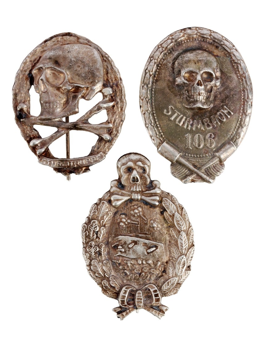 WWI IMPERIAL GERMAN STORM TROOPER BADGES LOT OF 3: A set of three badges for storm troopers of the Imperial German Reich and one tanker badge.