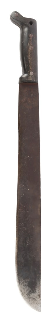 WWII US ARMY COLLINS & CO. 1945 LEGITIMUS MACHETE: Steel blade, Bakelite grips. Ricasso marked "U.S Legitimus Collins & Co 1945." Blade length 17.75 inches. Overall length 23.25 inches.