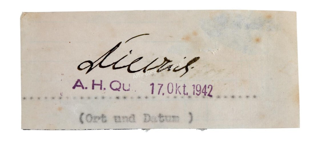 WWII GERMAN REICH CUT SIGNATURE SEPP DIETRICH: A cut signature for Sepp Dietrich. This was removed from a signature book, with remnant paper. Used to be mounted on one page with a Himmler autograph, which is why the back of the signature reads "Hi