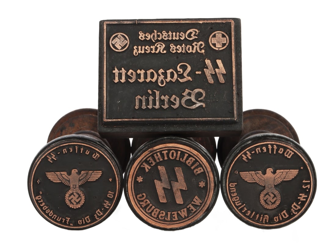 WWII GERMAN THIRD REICH SS HAND STAMPS: Four hands of the German Third Reich pertaining to the SS. 1) SS Lazarett. 2) 12th Waffen-SS 'Hitlerjugend.' 3) 10th Waffen-SS "Frundsberg." 4) SS academy at Wewelsburg.